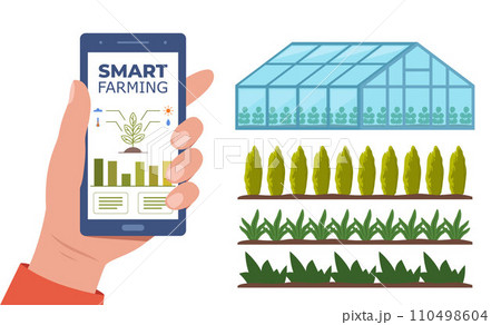 Smart farming, futuristic technologies in farm industry. Smartphone with app for control plants growing, greenhouse, Beds with agricultural crops. Vector illustration. Smart farming, futuristic technologies in farm industry. Smartphone with app for control plants growing, greenhouse, Beds with agricultural crops. Vector illustration. 110498604
