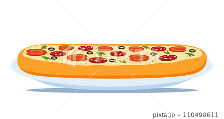 Side view pizza with various ingredients. Whole pizza on plate. Italian pizza. Italian traditional food. Vector illustration. 110498611