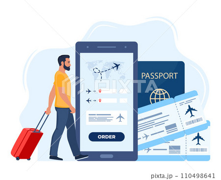 Mobile app for buying ticket with smartphone. Booking flights travel. Air tickets, passport, man walking with suitcase. Travel, journey, business trip. Vector illustration. Mobile app for buying ticket with smartphone. Booking flights travel. Air tickets, passport, man walking with suitcase. Travel, journey, business trip. Vector illustration. 110498641