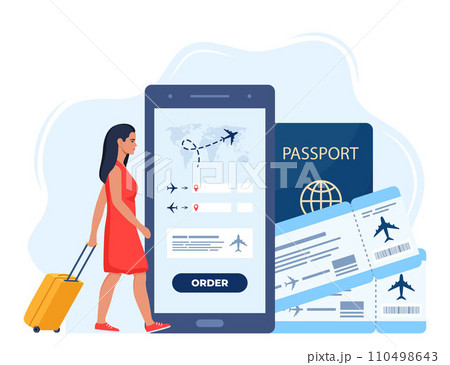 Mobile app for buying ticket with smartphone. Booking flights travel. Air tickets, passport, woman walking with suitcase. Travel, journey, business trip. Vector illustration. Mobile app for buying ticket with smartphone. Booking flights travel. Air tickets, passport, woman walking with suitcase. Travel, journey, business trip. Vector illustration. 110498643