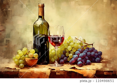 テーブルの上のワイングラスとボトルを描いた油絵風イラスト AI画像の