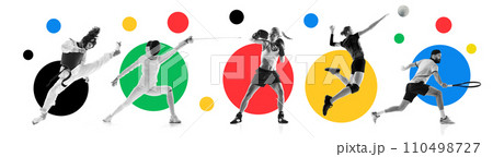 Collage made of different sportsmen of various sports in motion during game over white background with colorful elements. 110498727