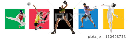Sportive young people, athletes of various kind of sports in motion against white background with multicolored elements. Collage 110498738
