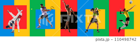 Dynamic images of young competitive people, athletes of different kind of sports in motion against multicolored background. Dynamic images of young competitive people, athletes of different kind of sports in motion against multicolored background. 110498742