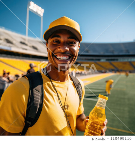 smiling man in a yellow baseball cap drinks water from a bottle in front of a football stadium smiling man in a yellow baseball cap drinks water from a bottle in front of a football stadium 110499116