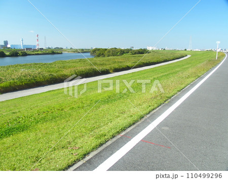 秋のサイクリング道路のある土手から見る江戸川風景 110499296