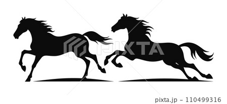 Two black silhouette horses running side by side. Galloping wild horses, free and powerful motion. Equestrian sport, horse racing vector illustration. 110499316