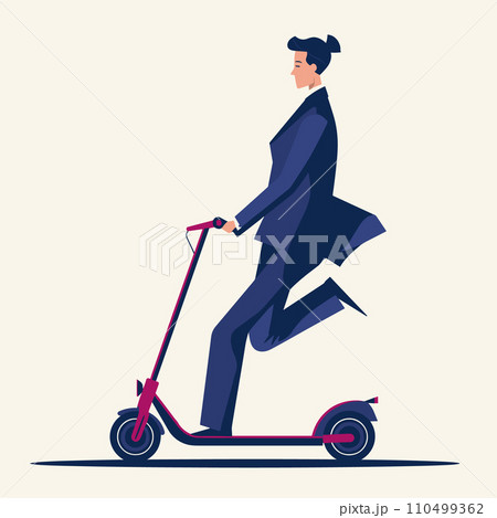 Businesswoman riding an electric scooter. Modern female in a suit on eco-friendly transportation. Green commute and urban lifestyle vector illustration. Businesswoman riding an electric scooter. Modern female in a suit on eco-friendly transportation. Green commute and urban lifestyle vector illustration. 110499362