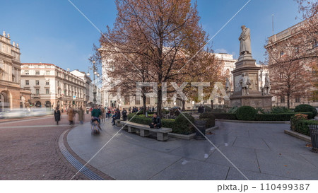 Panorama showing theater La Scala timelapse and a monument to Leonardo da Vinci 110499387