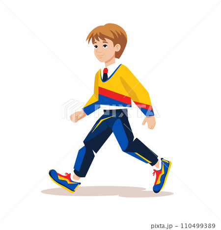 Young boy walking confidently in colorful casual clothes. Happy child in motion wearing sports outfit vector illustration. 110499389