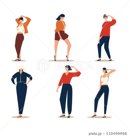 Six diverse female characters standing in stylish outfits. Modern women fashion poses. Diversity and femininity concepts vector illustration. 110499498