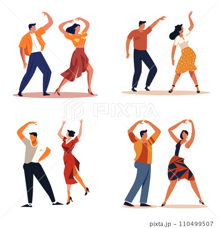 Couples doing salsa, two pairs dancing Latin dance. Flamboyant dresses, energetic moves. Salsa dance night vector illustration. Couples doing salsa, two pairs dancing Latin dance. Flamboyant dresses, energetic moves. Salsa dance night vector illustration. 110499507