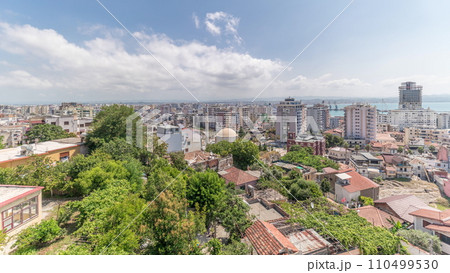 Panorama showing aerial view of city centre and the harbour of Durres timelapse from viewpoint, Albania. 110499530