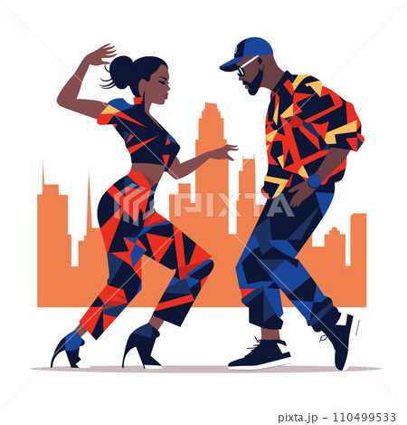 African American couple dancing hip hop style. Urban dancers perform in cityscape. Dynamic dance movements, modern outfit vector illustration. 110499533