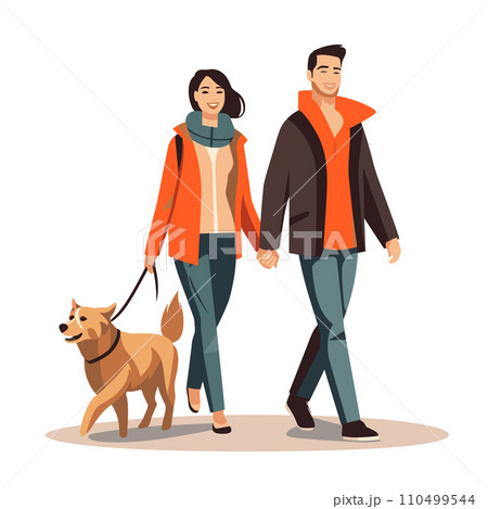 Couple walking dog, young man and woman holding hands with happy expressions. Casual outdoor stroll with pet vector illustration. 110499544
