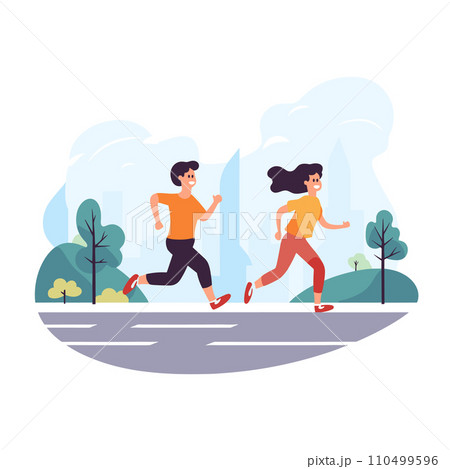 Male and female jogging in the city park, morning run, healthy lifestyle. Cartoon characters exercise outdoors, fitness activity vector illustration. 110499596
