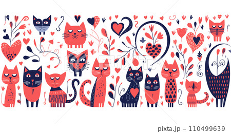 The image shows a row of colorful cartoon cats with decorative patterns vector illustration. 110499639
