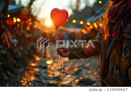 Floating on Love's Breeze, a Red Balloon Held Aloft, a Valentine's Day Sentiment in Hand 110499687