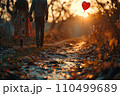 Floating on Love's Breeze, a Red Balloon Held Aloft, a Valentine's Day Sentiment in Hand 110499689