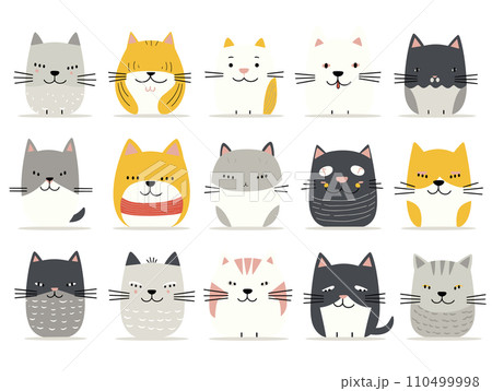 A collection of adorable cartoon cats with various expressions and colors is presented as a vector illustration. 110499998