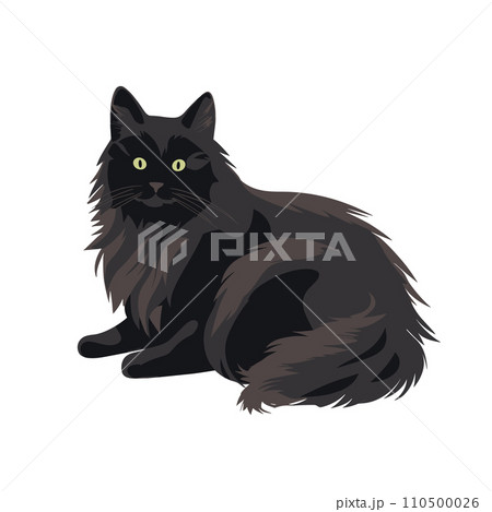 A black fluffy cat with green eyes sits gracefully in this vector illustration. A black fluffy cat with green eyes sits gracefully in this vector illustration. 110500026