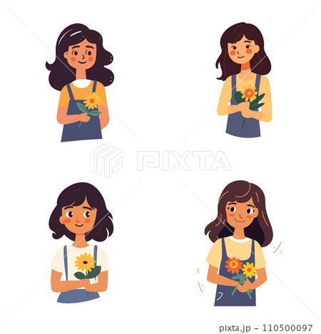 The image is a vector illustration showing four poses of a girl with a flower. 110500097