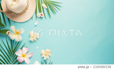 summer holiday background. minimalist pastel background with flowers and copy space for text summer holiday background. minimalist pastel background with flowers and copy space for text 110500156