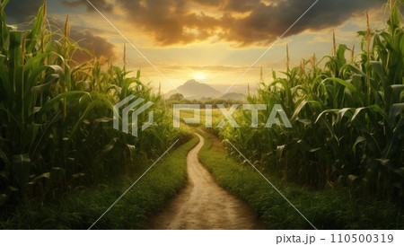 a path in a corn field that leads to sunset a path in a corn field that leads to sunset 110500319