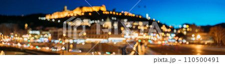 Night Boke Bokeh Blurred Ancient Fortress Narikala In Old Town Of Tbilisi. Caucasus. Tbilisi, Georgia Scenic Panoramic View Of Impregnable Fortress Narikala Fortress. Abstract Blurred Bokeh 110500491