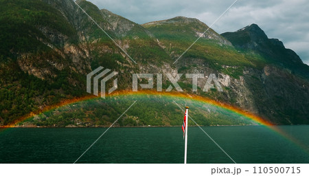 Sunnylvsfjorden, Norway. Colorful Rainbow Above Sunnylvsfjorden Spring Landscape. Panorama View From Floating Touristic Ship Ferry Boat In Summer Day. Famous Norwegian Landmark And Popular Destination 110500715