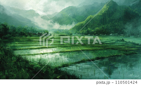 AI-generated content. Rice paddy green and lush growing in shallow water, and surrounded mountains tall and rugged. Drawn style. 110501424