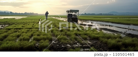 AI-generated content. Man, farmer in distance planting on organic paddy rice farmland in mountain in sunrise. Season of sowing crops. AI-generated content. Man, farmer in distance planting on organic paddy rice farmland in mountain in sunrise. Season of sowing crops. 110501465
