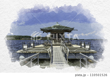 水彩画風　加賀片山津温泉　柴山潟　浮御堂　石川県加賀市 110501526