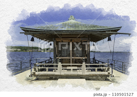 水彩画風 加賀片山津温泉 柴山潟 浮御堂 石川県加賀市 水彩画風 加賀片山津温泉 柴山潟 浮御堂 石川県加賀市 110501527