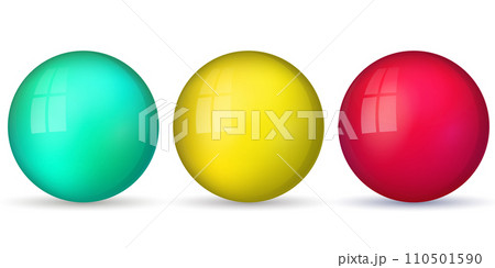 Set with glass colorful balls. Glossy realistic ball, 3D abstract vector illustration highlighted on a white background. Big metal bubble with shadow 110501590