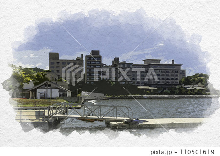 水彩画風　加賀片山津温泉　柴山潟　浮桟橋　石川県加賀市 110501619