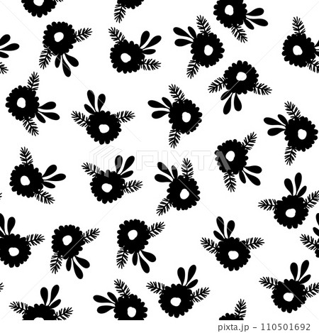 Seamless pattern based on traditional folk art flowers ornaments. Black and white floral background. Scandinavian style. Sweden nordic style. Vector illustration. Simple minimalistic pattern 110501692