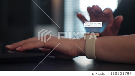 Woman checking 3d rendering incoming notification on smart watch. Incoming text message received on smart watch. Social media networking technology concept. 110501797