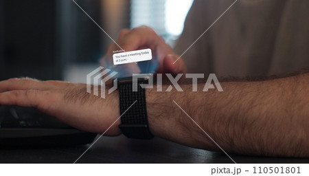 Close up of man hands checking 3d rendering incoming notification on smart watch. Incoming text message received on smart watch. Social media networking technology concept. 110501801