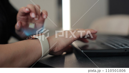 Close up of woman hands checking 3d rendering incoming notification on smart watch. Incoming text message received on smart watch. Social media networking technology concept. 110501806