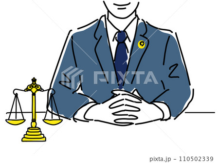 正義の天秤の前で手を組む男性弁護士シンプル線画 110502339