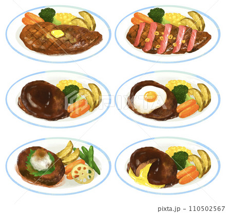 ハンバーグとステーキのイラストセット　レストラン 110502567