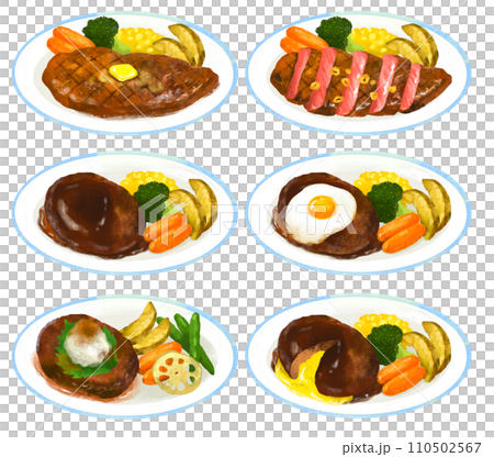 ハンバーグとステーキのイラストセット　レストラン 110502567