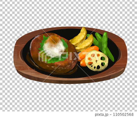餐廳煎鍋上供應的日式漢堡牛排的插圖 110502568