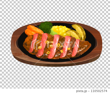 鉄板に乗ったカットステーキのイラスト　レストラン 110502574
