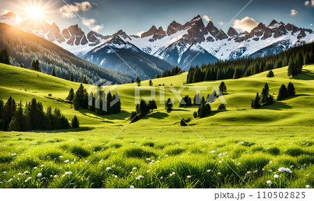 Scenic summer: Meadow with snowy mountains in background 110502825