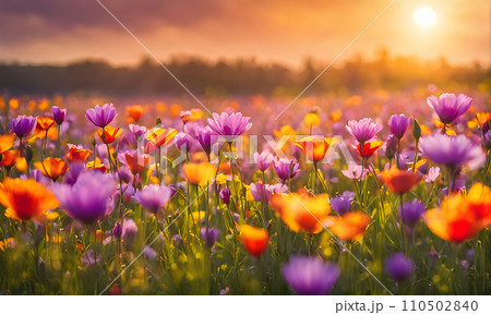 Sunny spring field: Vibrant flowers under the sun Sunny spring field: Vibrant flowers under the sun 110502840