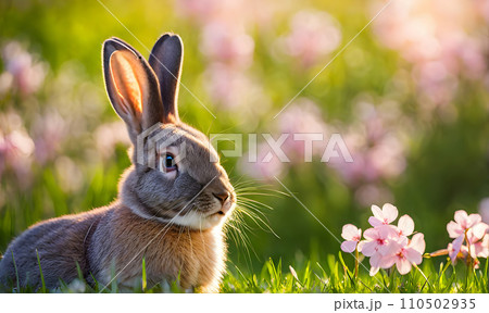 Easter enchantment: Rabbit in a spring blossom field 110502935