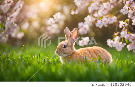 Easter enchantment: Rabbit in a spring blossom field 110502946