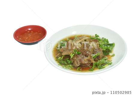 braised beef meat stew topping slice parsley and spring onion on plate dipping chili sauce braised beef meat stew topping slice parsley and spring onion on plate dipping chili sauce 110502985